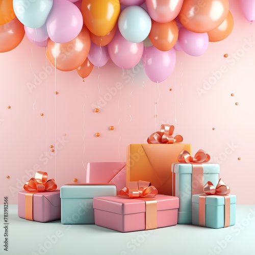 Birthday banner with realistic 3d balloons and gift boxes. Background or greeting card for holiday