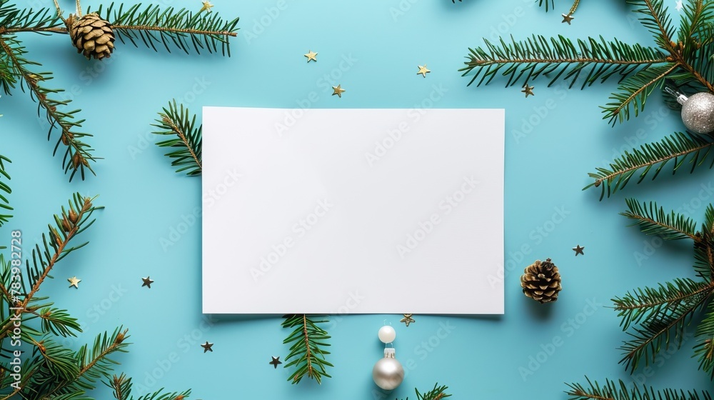 A festive holiday-themed flat lay with a blank card surrounded by Christmas decorations