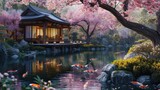 A traditional Japanese teahouse overlooks a serene koi pond surrounded by vibrant cherry blossoms, embodying a peaceful spring setting. Resplendent.