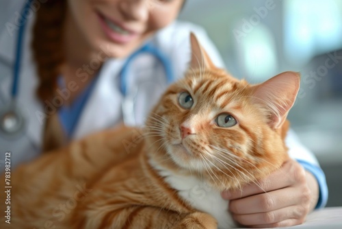 A woman in a white lab coat holding a cat
