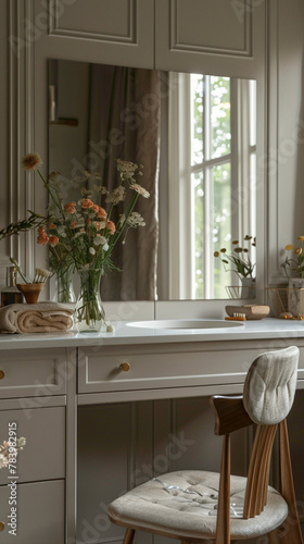 Detail shot of a vintage-inspired vanity in a dressing room, scandinavian style interior