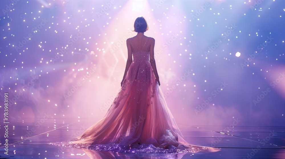 fashion runway, woman in pink dress standing in front of spotlight, fashion model glamour performance clothing fashion runway, woman in pink dress standing in front of spotlight, fashion model glamour performance clothing