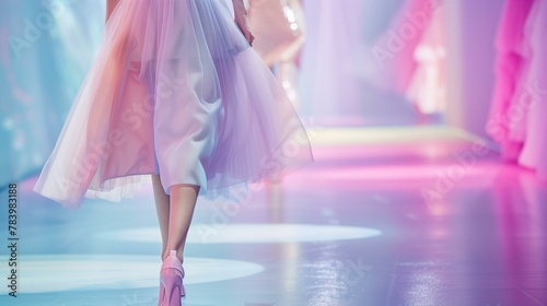 fashion runway, woman walking down runway in colorful dress, performance ballet dancer shoe performing arts event clothing