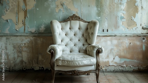 Parlor chair, old white chair in abandoned house, elegance pillow home interior leather decor