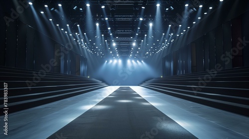 empty fashion runway with lights, ceiling inside of stage performance space © antkevyv