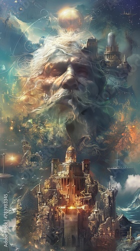 A colossal godlike figure emerges from the clouds above the remnants of Atlantis. The image explores the mythological aspects of the lost city and the powerful beings associated with its legend
