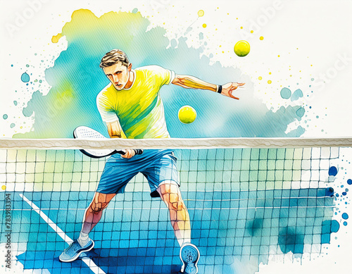 Padel player mid-swing with a racket, vibrant watercolor splashes in the background © homydesign