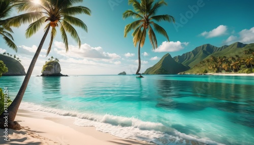 A pristine tropical beach with crystal clear waters  lush green mountains  and two palm trees framing a serene view. AI Generation