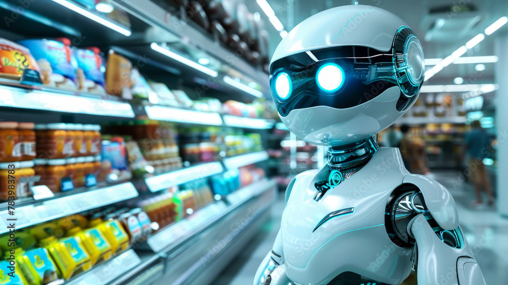 Futuristic robot consultant, helps in customer service in modern grocery store. Robot is preparing to serve customer. Cozy atmosphere with goods neatly laid out on shelves, blurred background. Futuristic robot consultant, helps in customer service in modern grocery store. Robot is preparing to serve customer. Cozy atmosphere with goods neatly laid out on shelves, blurred background.