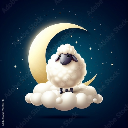 Illustration of Eid Al Adha with a fluffy white sheep standing on a cloud in front of a large crescent moon.