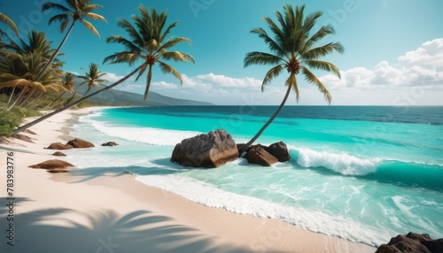 Palm trees sway over a pristine white sandy beach, with crystal-clear turquoise waters under a bright tropical sky.. AI Generation. AI Generation