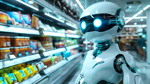 Futuristic robot consultant, helps in customer service in modern grocery store. Robot is preparing to serve customer. Cozy atmosphere with goods neatly laid out on shelves, blurred background. photo
