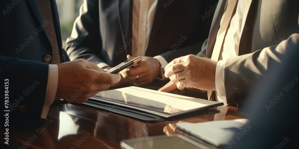 Fototapeta premium Group of men in suits sitting at a table, suitable for business concepts