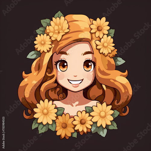 Young beautiful blond girl with spring flowers. Pixel art character