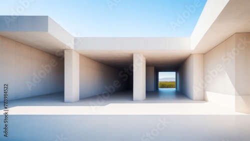 Empty abstract architecture building in minimal concrete design with open space floor courtyard white podium. Creative, AI Generated