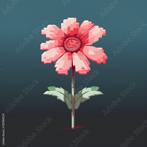 Pink pixel flower on dark green background. Isolated nature