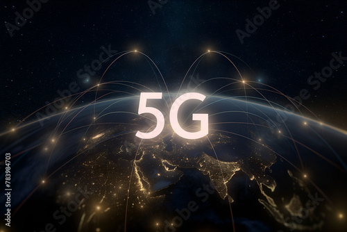 5G mobile telecommunication network in Earth planet for high speed wireless data connection to internet from smartphones, fifth generation radio wave communication technology.