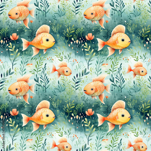 cute bright yellow aquarium fish, seamless watercolor pattern, wallpaper for children