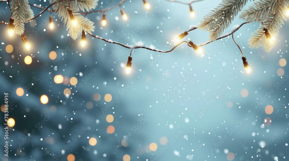 Snow-covered tree branch with twinkling lights, perfect for winter and holiday themes Snow-covered tree branch with twinkling lights, perfect for winter and holiday themes