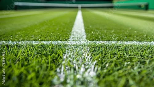 Close-up pista de tenis de hierba, césped recién cortado en una cancha de tenis antes de un torneo photo