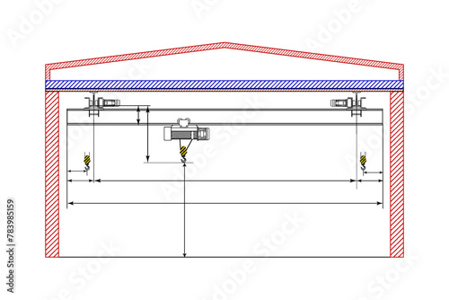 Overhead crane sketch with dimensions. Dimensional drawing.