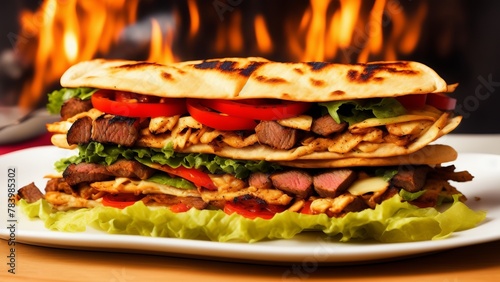 fresh grilled beef turkish or chicken arabic shawarma doner sandwich with flying ingredients. Creative, AI Generated © DEER FLUFFY