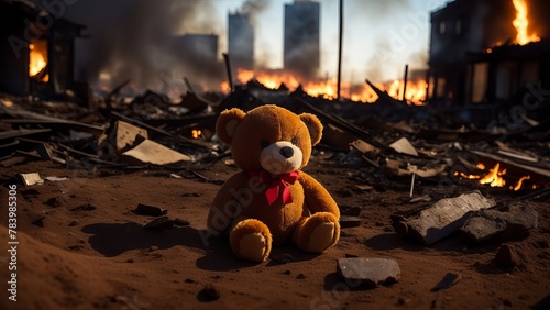 kids teddy bear toy over city burned destruction of an aftermath war conflict. Creative, AI Generated © DEER FLUFFY