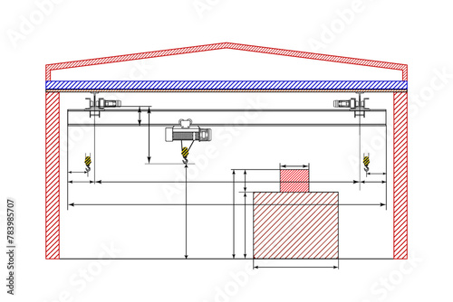 Overhead crane sketch with dimensions. Dimensional drawing.