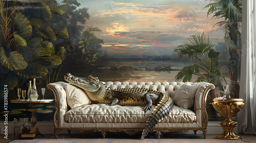 crocodile lies on sofa