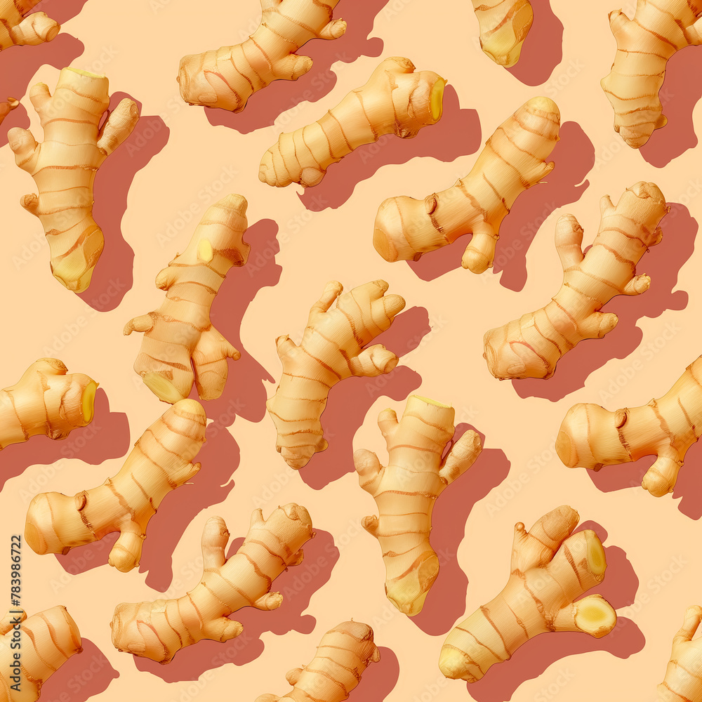 Naklejka premium Pattern of fresh ginger roots looks on yellow background, top view, sharp shadows