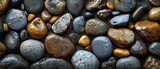River's Smooth Pebble Tapestry. Concept Nature Photography, River Pebbles, Textured Patterns, Relaxing Scene, Outdoor Decor