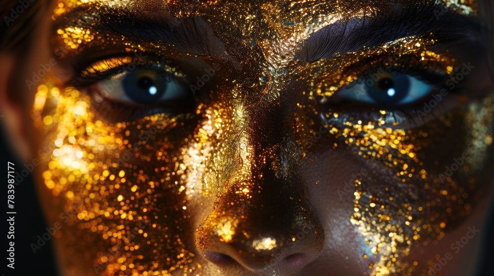 Womans face covered in gold glitter