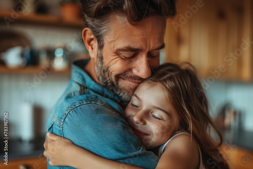 Happy daughter hugs her father in the kitchen. Theme of parental love and care photo