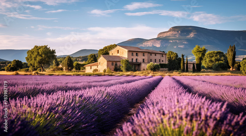 Beautiful sunset landscape of blooming lavender field with mountains in the background