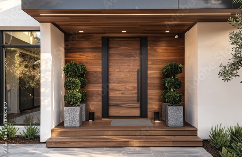 Modern entrance with two planters on steps