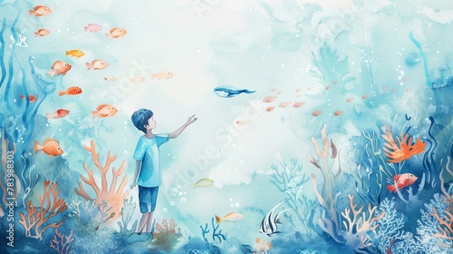 Young Boy Admiring Ocean Life Watercolor Art