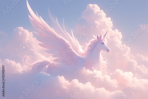 white unicorn in pink fluffy clouds, pastel colors
