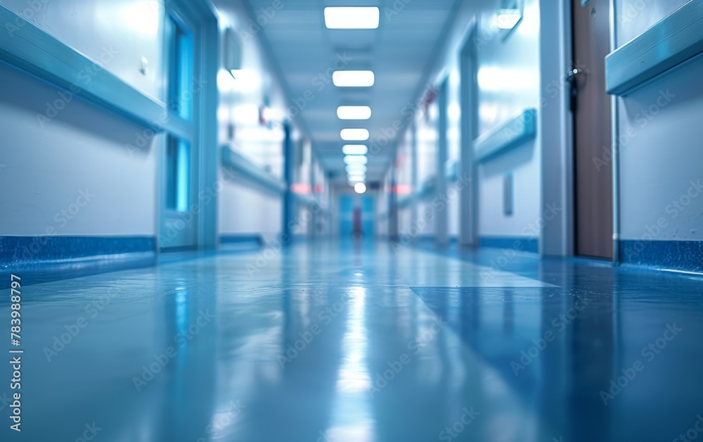 A long hallway with blue walls and blue flooring. The hallway is empty and the lights are on A long hallway with blue walls and blue flooring. The hallway is empty and the lights are on