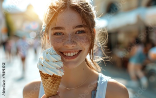 A woman is holding a white ice cream cone and smiling. The scene is set in a busy street with people walking around