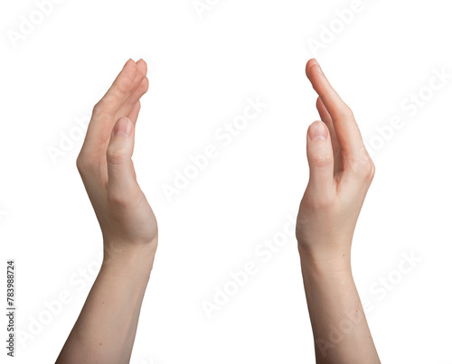 Hand showing something between two hands, palms, care gesture, isolated on white background, transparent png