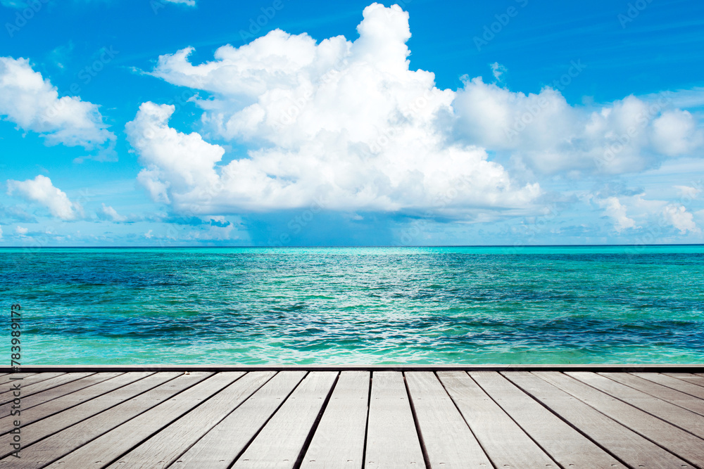Overwater wooden pier with view to Indian Ocean, Maldives