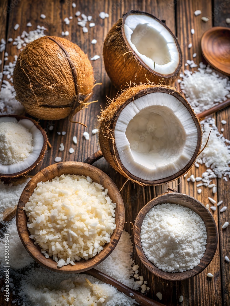 Cutaway coconuts and coconut flakes on a wooden table, top view Cutaway coconuts and coconut flakes on a wooden table, top view