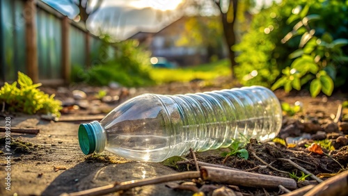 A plastic bottle lies on the ground against the backdrop of nature and houses. Non-compliance with the environment, negligence towards nature photo