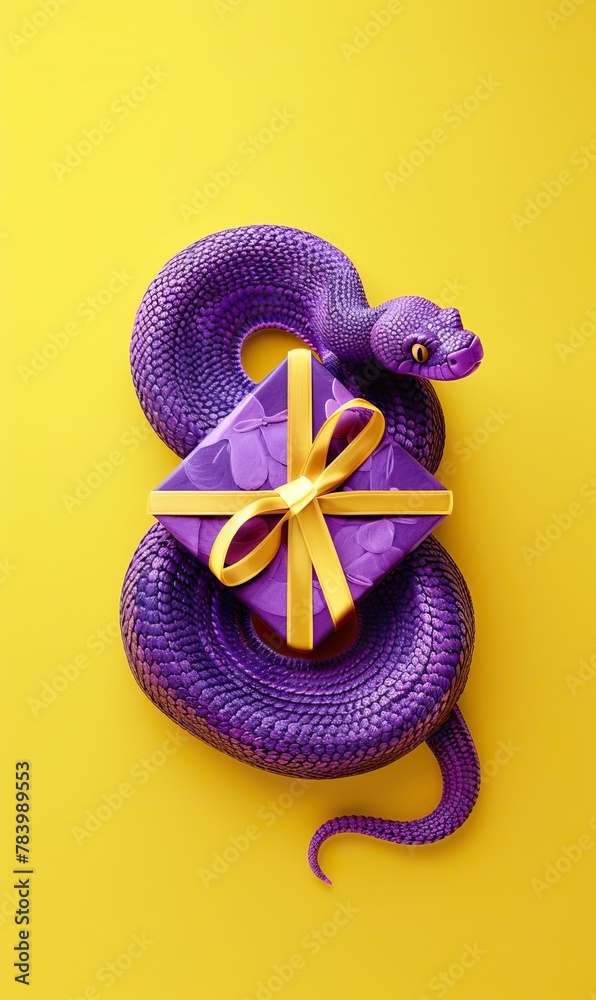 A purple snake coils around a gift box with a yellow ribbon on a yellow background