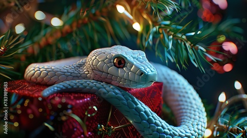 A mechanical snake rests among festive Christmas decorations photo