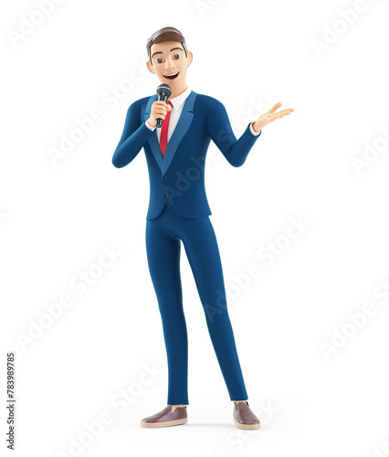 3d cartoon businessman speaking into a microphone