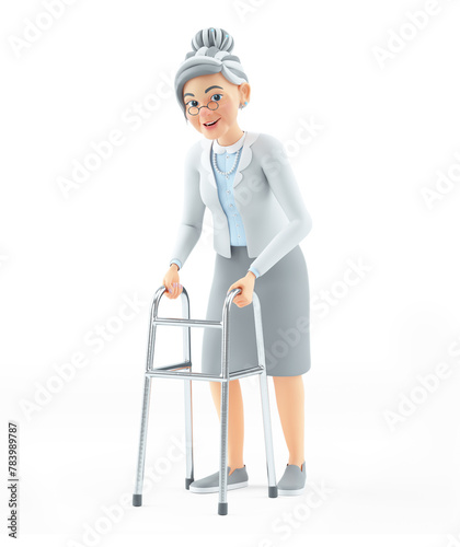 3d cartoon granny walking with walker