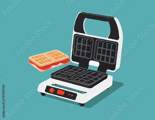 Kitchen modern technical sandwich maker, gadget waffle iron device icon flat vector illustration, isolated on white. Design cooking stuff
