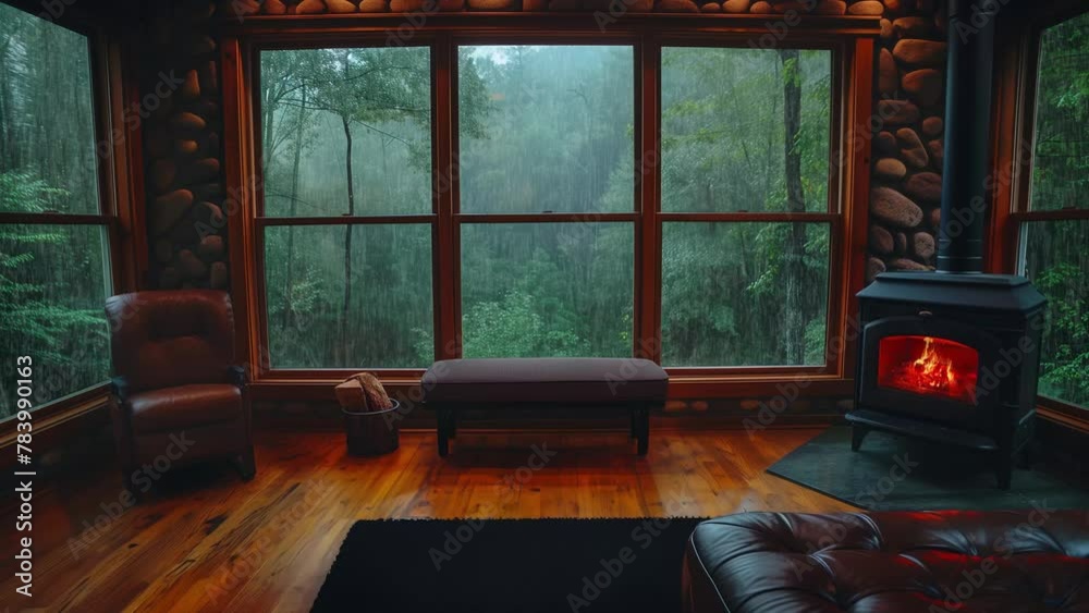living room with fireplace, cozy cabin in the woods, hard raining ambience