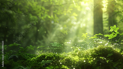 Mossy ground dotted with shimmering water droplets in natural setting